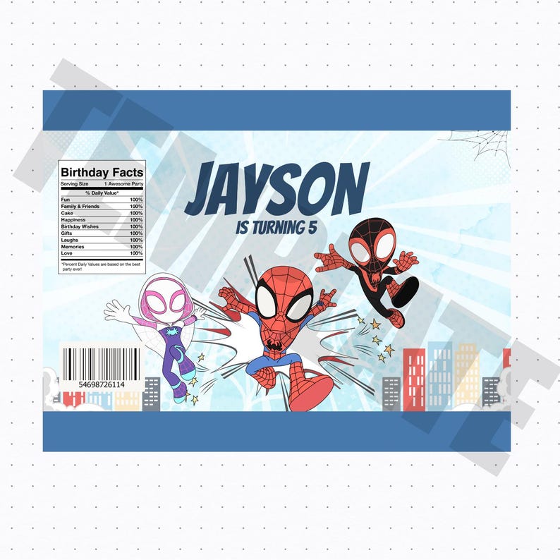 May include: A blue and white birthday party favor bag with a cartoon image of Spider-Man, Spider-Gwen, and Miles Morales. The bag has the text "JAYSON IS TURNING 5" on it.