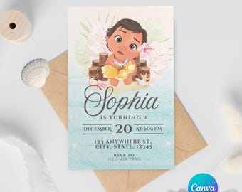 Baby Moana Party Invitation | Editable Template | Moana E-Invite | Personalized Party | Canva |