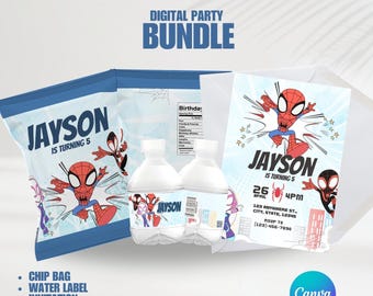 PAQUETE DE FIESTA DE ARENA Y SUS AMIGOS / Bolsas de papas fritas / Etiquetas de agua / Plantilla editable / Recuerdos de Araña / Fiesta personalizada / Canva