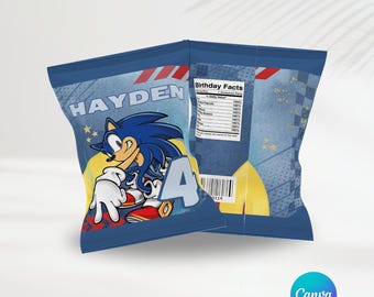 Sonic The Hedgehog Party Chips | Editable Template | Sonic Chip Bags | Personalized Party | Party Favors | Canva | Sega