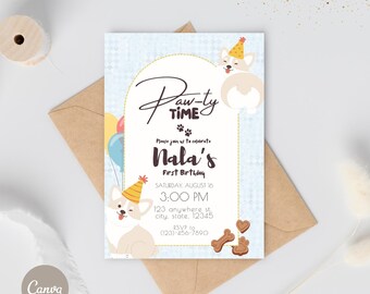 Invitación de perro Corgi / Plantilla editable / Fiesta de Corgi / Primer cumpleaños de perro / Cumpleaños de perro / Fiesta personalizada / Corgi rubio / Canva