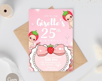 Sonny Angel Strawberry Party Invitation | Editable Template | Sonny Angel E-Invite | Personalized Party | Fruit Series Sonny Angel | Canva