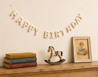 HAPPY BIRTHDAY Banner Felt Garland - White Colors - Kids Neutral Birthday Party Decor