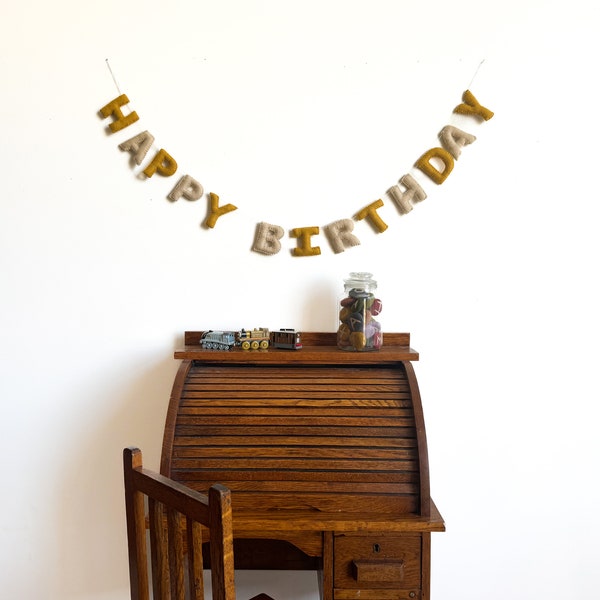 HAPPY BIRTHDAY Banner Felt Garland - Groovy Birthday - Mustard Yellow Color