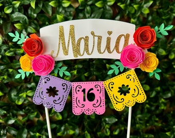 Fiesta coco cake topper, mexican theme cake topper, cinco de mayo decor, mexican themed birthday party, papel picado cake topper