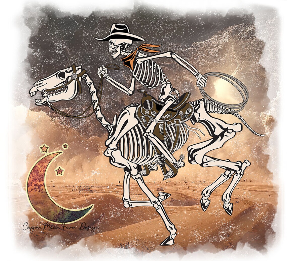 Midnight Ride Horse and Rider Skeleton in Desert Scene PNG File for