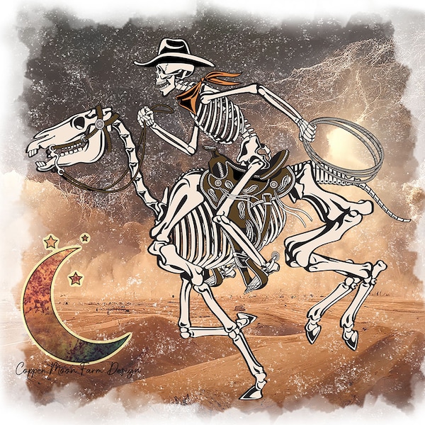 Midnight Ride horse and rider skeleton in desert scene PNG file for sublimation