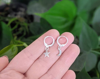 Half Moon Stud Earrings Sterling Silver Moon & Star Drop Earrings