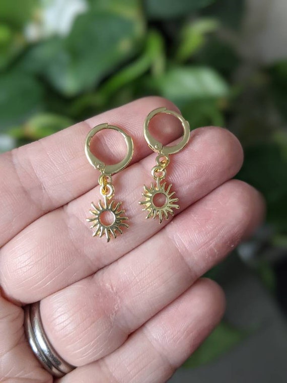 Gold Sun Huggies Earrings Tiny Gold Hoops Sun Burst Earrings Gold