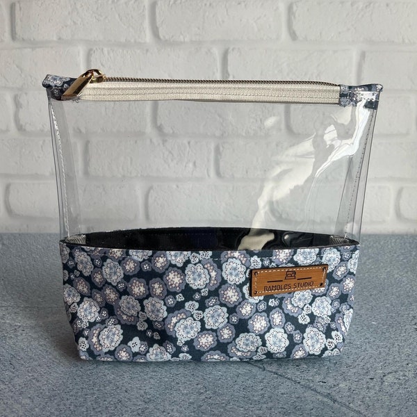 Blue Florals clear vinyl zipper pouch, makeup travel bag, craft storage, TFSA clear travel pouch