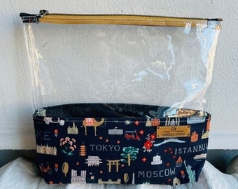 Rifle Paper co. Bon Voyage Dreams clear vinyl zipper pouch, makeup travel bag, craft storage, TFSA clear travel pouch
