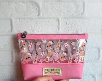 Pink Lemonade jelly clear vinyl zipper pouch, pencil case, makeup bag, storage case