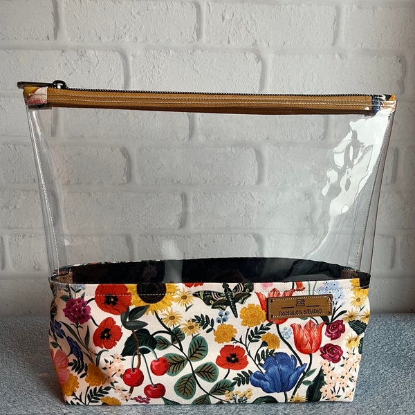 Rifle Paper Summer Florals clear vinyl zipper pouch, makeup travel bag, craft storage, TFSA clear travel pouch