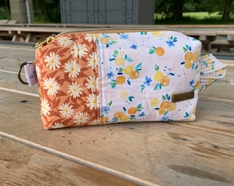 Orange Daisies side-by-side zipper pouch, toiletry bag, make up bag, pencil case, travel kit with grab handle