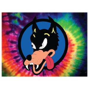 May include: A cartoon wolf with a black and white face, a red tongue sticking out, and a blue circle around it. The wolf is on a tie-dye background.