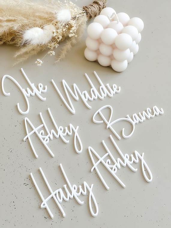 Acrylic WEDDING place cards, custom name tags for events,  laser cut names, thin acrylic table name cards, calligraphy name tags