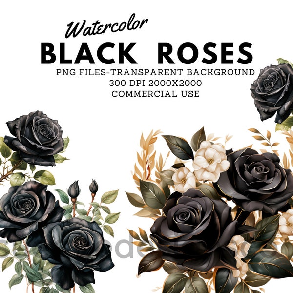 Watercolor Black Roses Clipart BUNDLE - Black roses and leaves in PNG format instant download, PNG files,