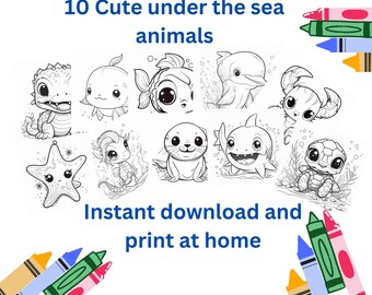 10  Coloring pages for kids, digital downloads, Kids activities, children's coloring sheets, Chibi under the sea animals coloring page