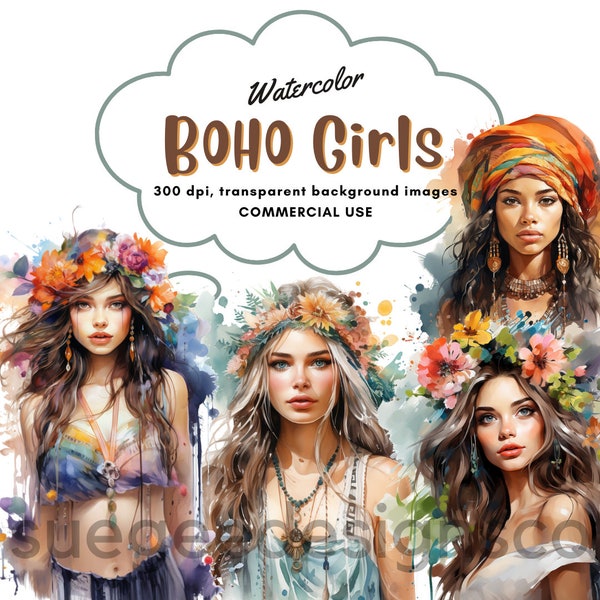 Watercolor Boho Girls clipart, clipart bundle, Bohemian png, Instant download, commercial use, png