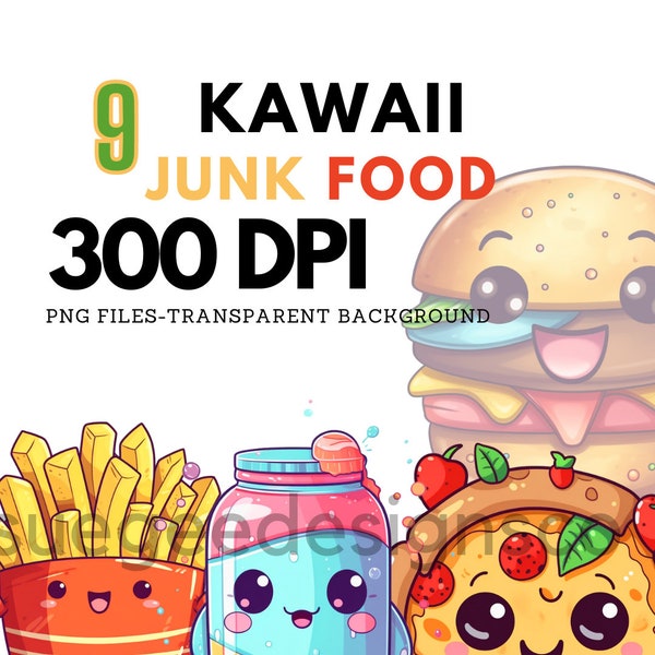 9 High Quality Kawaii Junk Food Clipart Set, Digital Bundles and Printable PNG files, Cute Food, stickers, journal Doodles