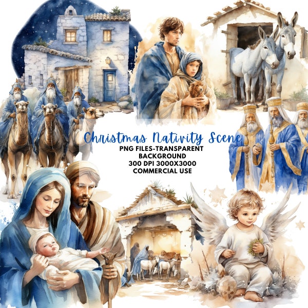 Nativity Scene Clipart Watercolor Bundle, Transparent PNG, Christmas Jesus clip art,Commercial Use,Christmas clipart,junk journal,scrapbook