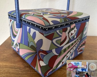 SEWING BASKET BOX Abstract Design Large Square available with Quality Optional Sewing Kit