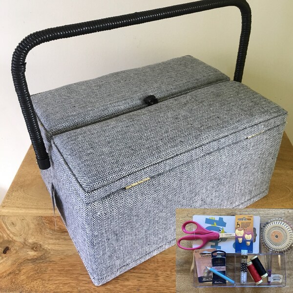 SEWING BASKET Herringbone Design with Twin Lids Optional Sewing Accessory kit