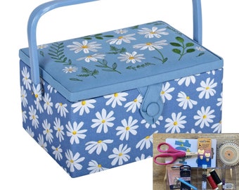 SEWING BASKET BOX Denim Daisies Design With an Embroidered Lid Medium Size Available with or without Sewing Accessory Kit