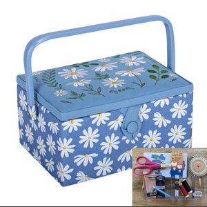 SEWING BASKET BOX Denim Daisies Design With an Embroidered Lid Medium Size Available with or without Sewing Accessory Kit