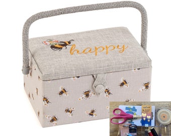 BOÎTE PANIER À COUTURE Motif brodé « Bee Happy » avec kit d'accessoires de couture de qualité en option