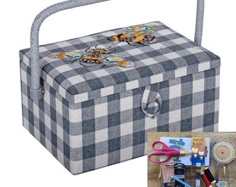 SEWING BASKET BOX Grey Gingham Bees Embroidered Medium Size with Optional Sewing Accessory Kit