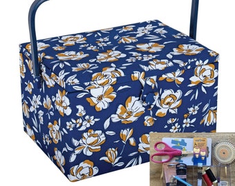 SEWING BASKET BOX Autumn Floral Design Navy Large with Optional Sewing Accessory Kit