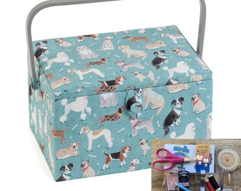 SEWING BASKET Dogs Design Large Size Available with or without Quality Sewing Kit