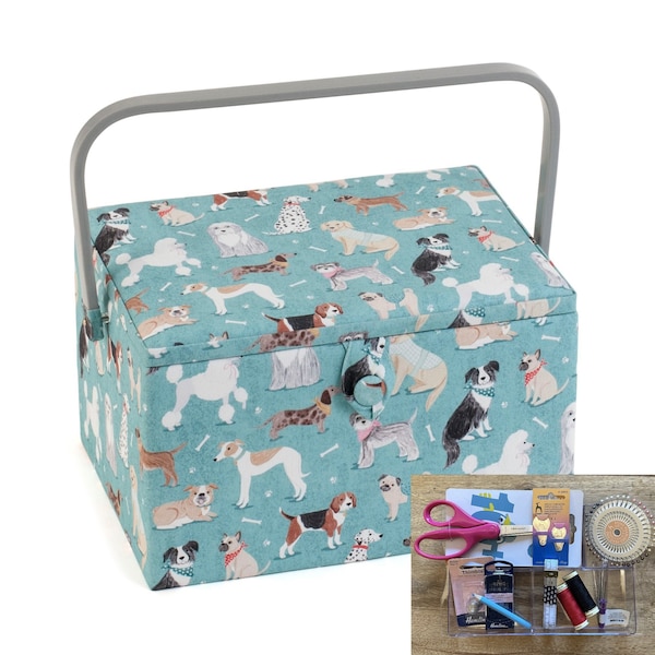 SEWING BASKET Dogs Design Large Size Available with or without Quality Sewing Kit