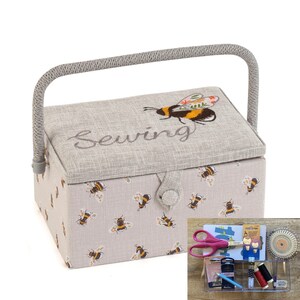 PANIER À COUTURE Motif abeille brodée de taille moyenne Disponible avec ou sans kit d'accessoires de couture Basket & Sewing Kit