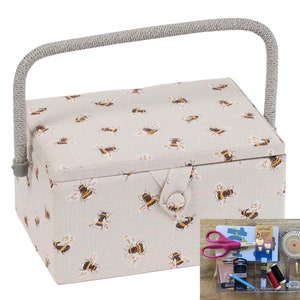 PANIER À COUDRE Motif abeille de taille moyenne Disponible avec ou sans kit d'accessoires de couture de qualité Basket & Sewing Kit