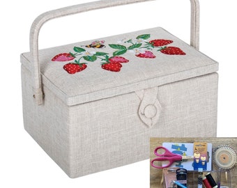 SEWING BASKET BOX Strawberries Design With an Embroidered Lid Medium Size Available with or without Sewing Accessory Kit