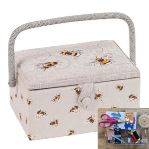 NÄHKORB, besticktes 3-Bienen-Design, mittlere Größe, erhältlich mit oder ohne Nähzubehörset Box + Sewing Kit