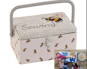 SEWING BASKET Embroidered Sewing Bee Design Medium Size Available with or without Sewing Accessory Kit