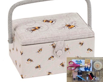 SEWING BASKET Embroidered 3 Bee Design Medium Size Available with or without a Sewing Accessory Kit