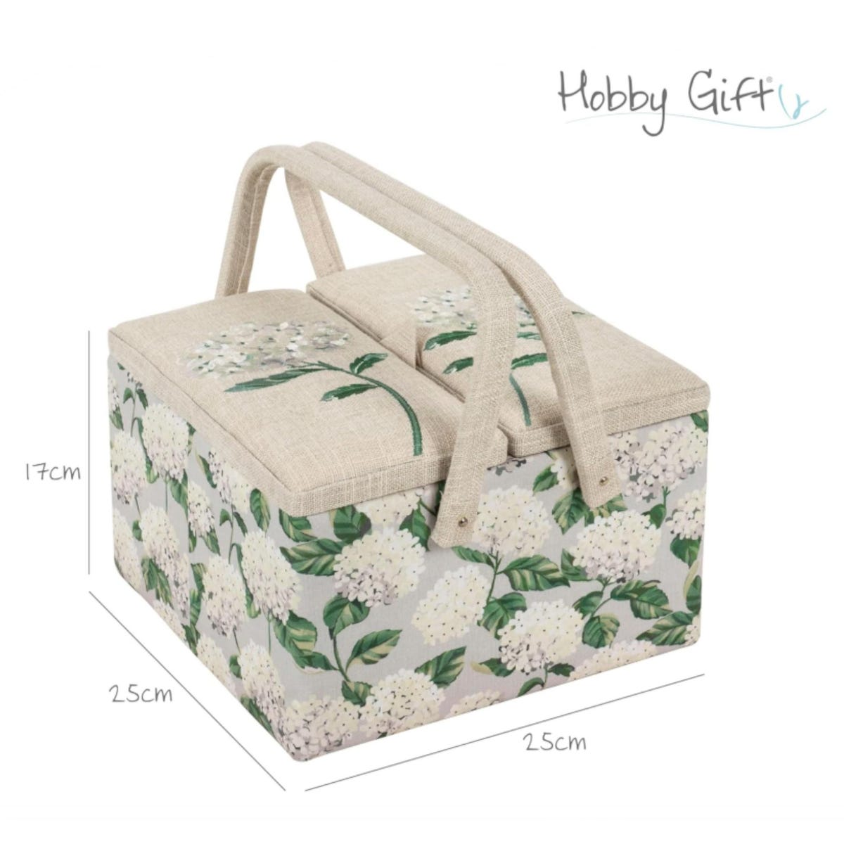 Sewing Basket Hydrangea Embroidered – Large Fabric Craft Box with Storage Tray