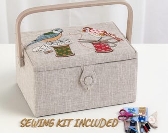 Sewing Basket ‘Birds on a Bobbin’ Design with Embroidered Lid  and Sewing Accessory Kit