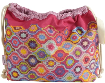 KNITTING & CROCHET Drawstring Bag 'Mystical Lanterns' Colourful Crochet Design Fabric by Janie Crow