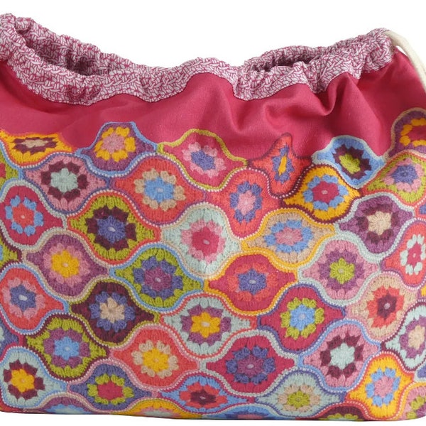 KNITTING & CROCHET Drawstring Bag 'Mystical Lanterns' Colourful Crochet Design Fabric by Janie Crow