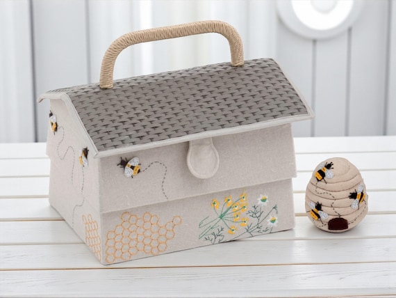Bee Hive Sewing Basket with Pin Cushion, Appliqué Bees and Flowers
