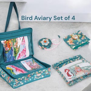 May include: A teal Bird Aviary Set of 4, including a zippered carrying case, a small square pouch, a round tape measure, and a zippered pouch. All items feature a floral and bird pattern. The carrying case has a handle and clear pockets.