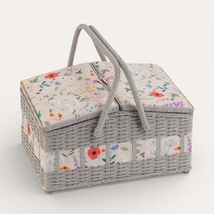 Large Sewing Basket - Wildflowers Floral Sewing Box with Accessory Trays. Hamper Style Craft Storage