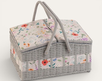Large Sewing Basket - Wildflowers Floral Sewing Box with Accessory Trays. Hamper Style Craft Storage