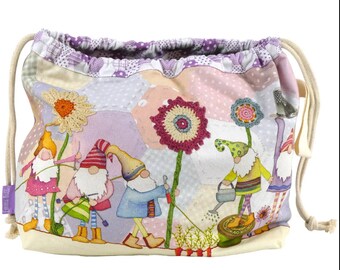 KNITTING & CROCHET Drawstring Bag 'Crafting Gnomes' Fun Gnomes Design by Emma Ball