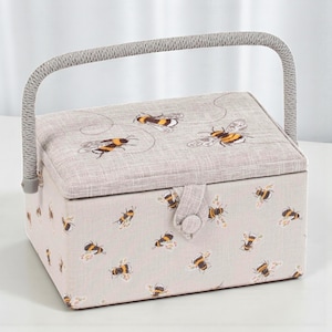 Bee Embroidered Sewing Basket – Medium Box with Tray & Raffia Effect Handle